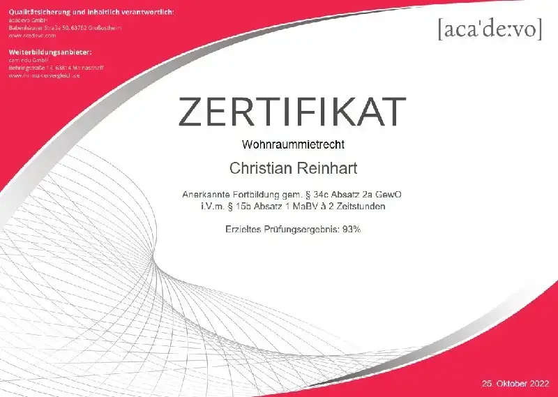 Fortbildungszertifikat Immobilienmakler Christian Reinhart