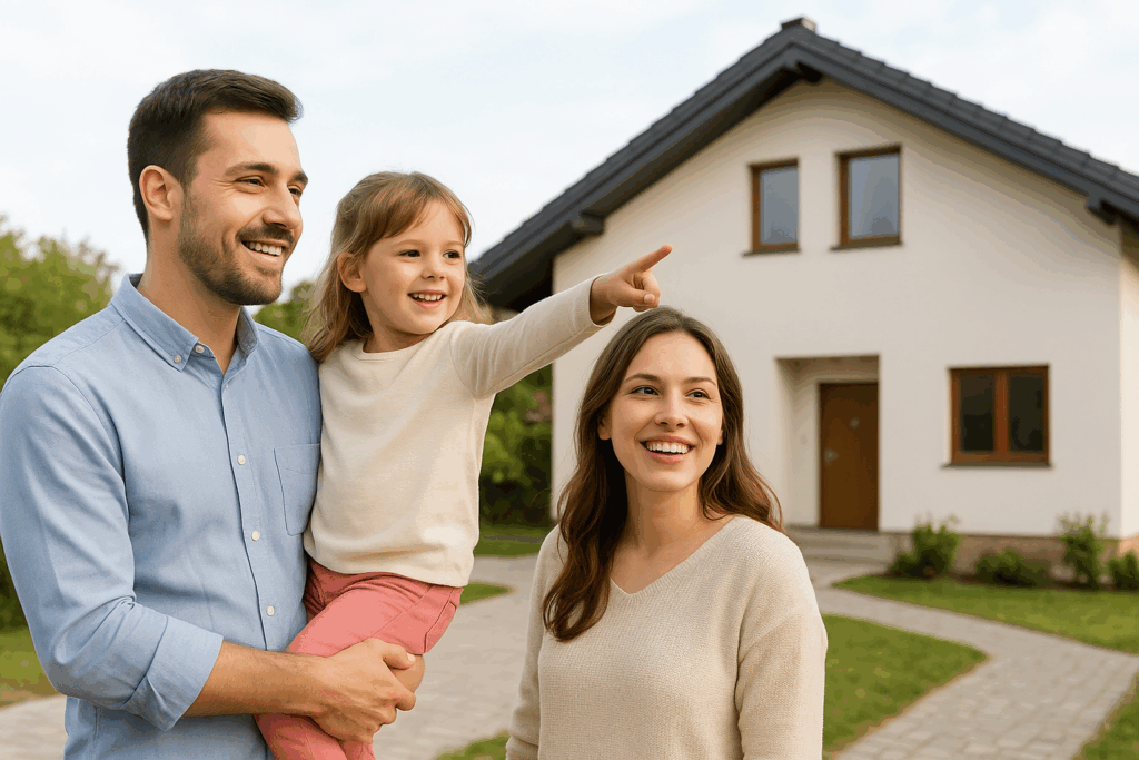 Familie vor moderne Haus