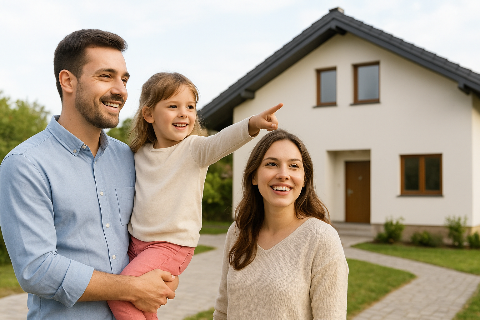 Familie vor moderne Haus